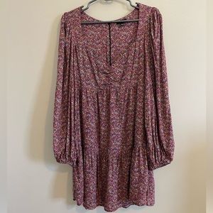 EUC AFRM Pink Floral tired mini dress; long sleeve size small